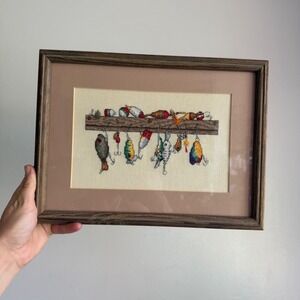 Vintage Framed Fishing Lure Cross Stitch Needlepoint Wall Art Cabin Decor 12x9